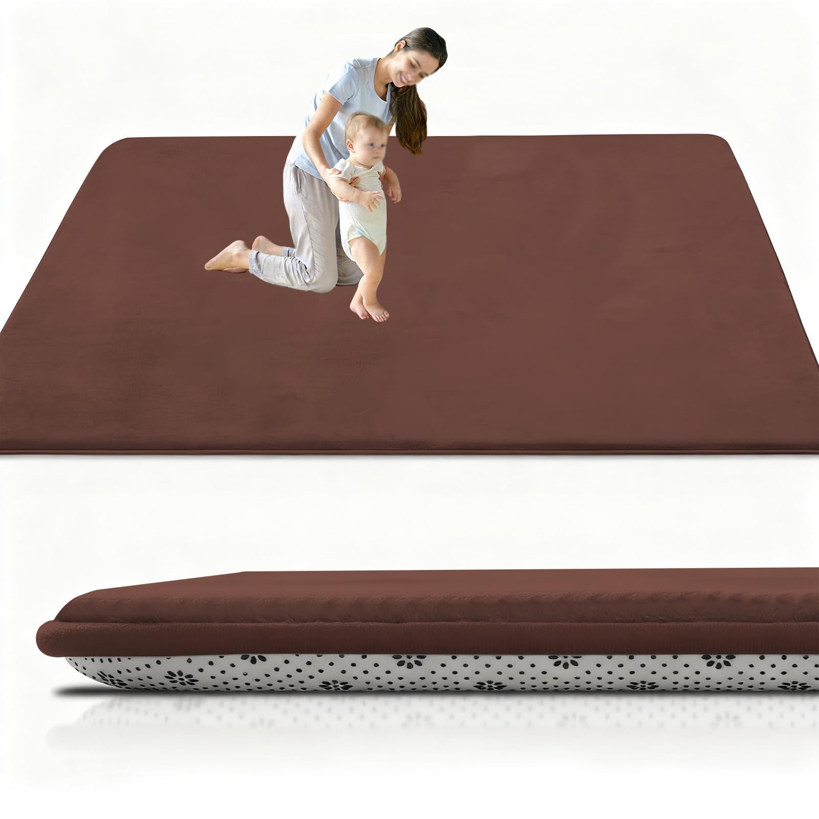 RxueSug Large Foldable Baby Play Mat 3cm 150 x 200 cm Brown, Extra Thick Non-Slip Foam Mat for Babies & Toddlers, Padded Tummy Time & Crawl Mat, Waterproof, Easy Clean