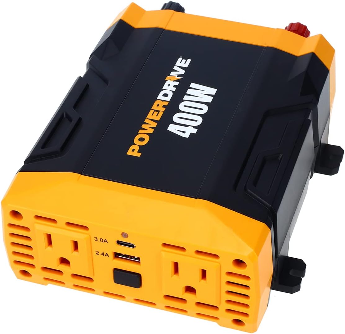 PowerDrive PWD400 Power Inverter, top-down view showing AC outlets and USB ports