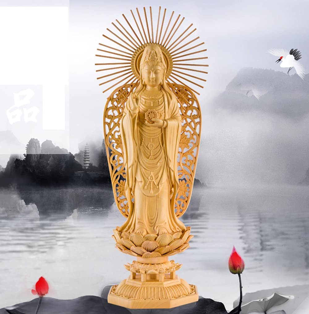 中国 唐木黄楊木製 玉石装飾 観音菩薩像 仏像 高さ約40cm N 7208