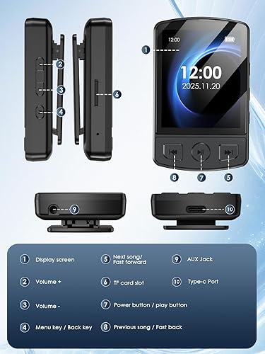 Miniatura 8 de Reproductor de MP3 con clip de 64 GB mini reproductor de MP3 con Bluetooth 5.2, reproductor de música MP3 portátil con auriculares, altavoz HiFi,