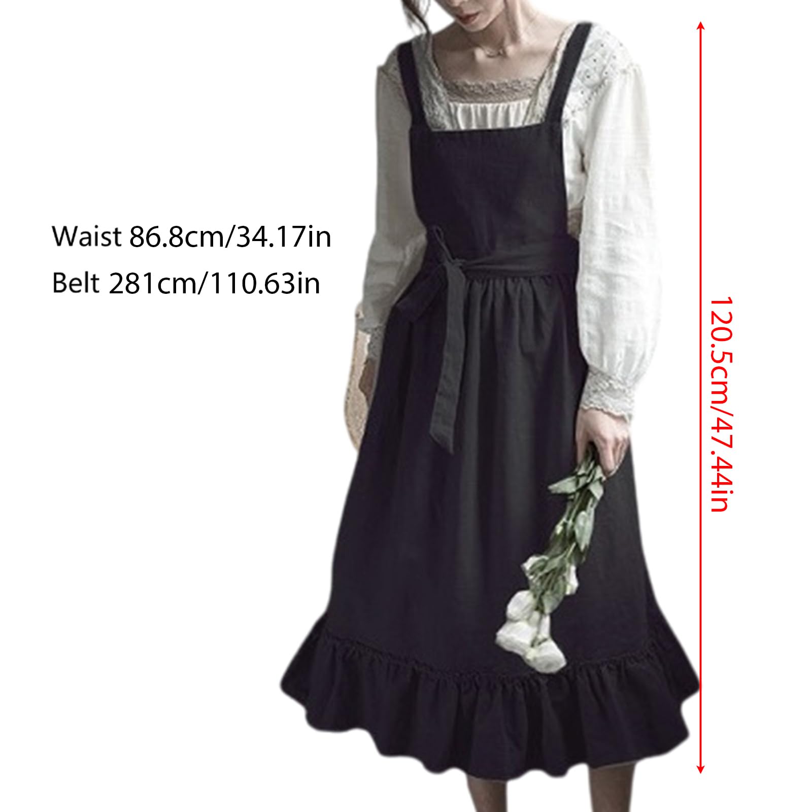Grembiule in cotone e lino con volant per donne e ragazze, vintage, per cucinare, giardinaggio, lavoro, cameriera, grembiule con tasche, Verde militare, R
