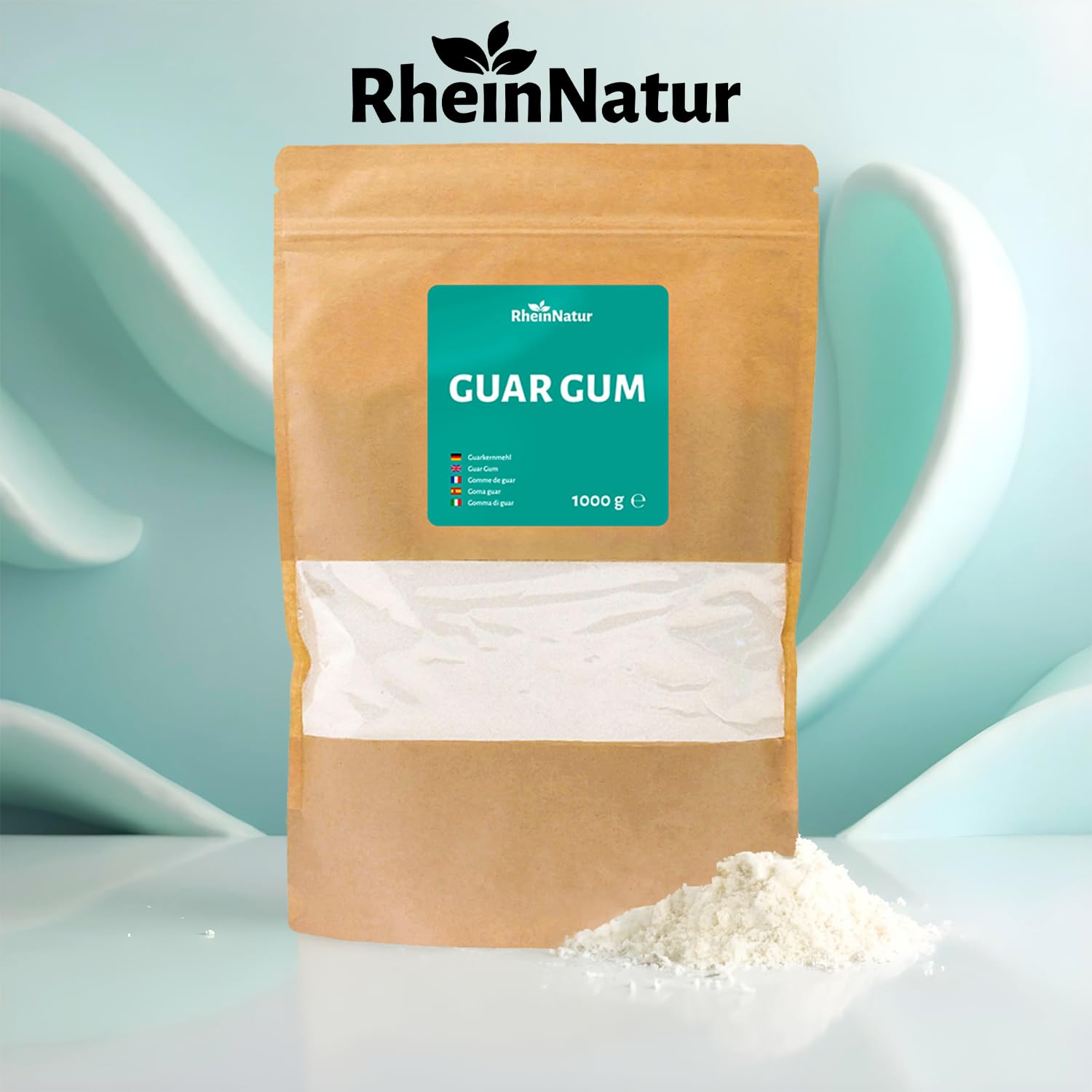 RheinNatur Guarpitmeel, 1 kg, guar gumpoeder als natuurlijke stabilisator voor ijs, soepen, sauzen, plantaardig bindmiddel en verdikkingsmiddel, smaakneutraal en veganistisch, zakje van 1000 g 1000g