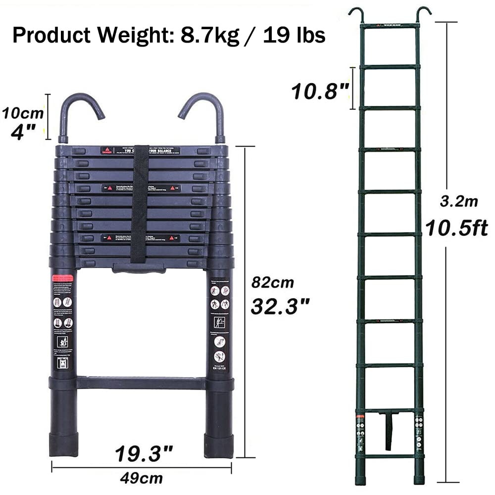 Scala Telescopica Alluminio, Pieghevole 10.5FT/3.2M con 2 Ganci Rimovibili, Estensione per Carichi Pesanti 330 libbre, Multiuso per Lavori Domestici o All'aperto, Nera