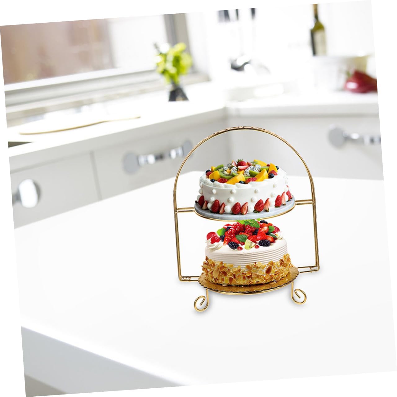 Creative Double Layer Dessert Display Stand Elegant Iron Art Cake Rack with Plates Gold Tiered Fruit and Cupcake Tray for Parties Weddings and Bakery Showcases