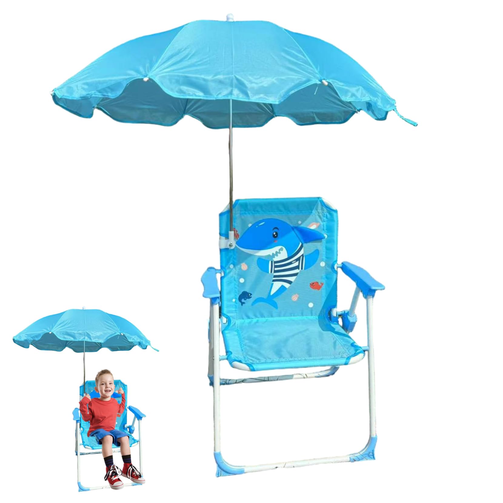 Rwigeboo Kids Beach Chair with Umbrella, Foldable & Detachable Portable Oxford Cloth Cute Kids Beach Chair with Canopy for Outdoor Summer, Blue