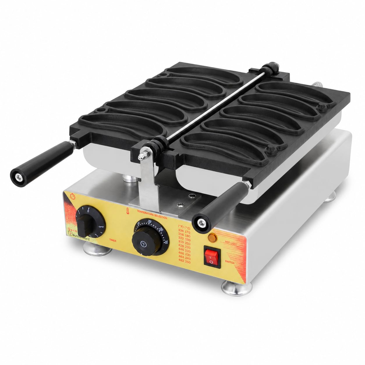 Gofrera Profesional con Forma de Plátano, 5 Gofres por Hornada, Placas Antiadherentes, Temporizador y Temperatura Ajustables, para Cafeterías, Heladerías, Churrerías y Food Trucks