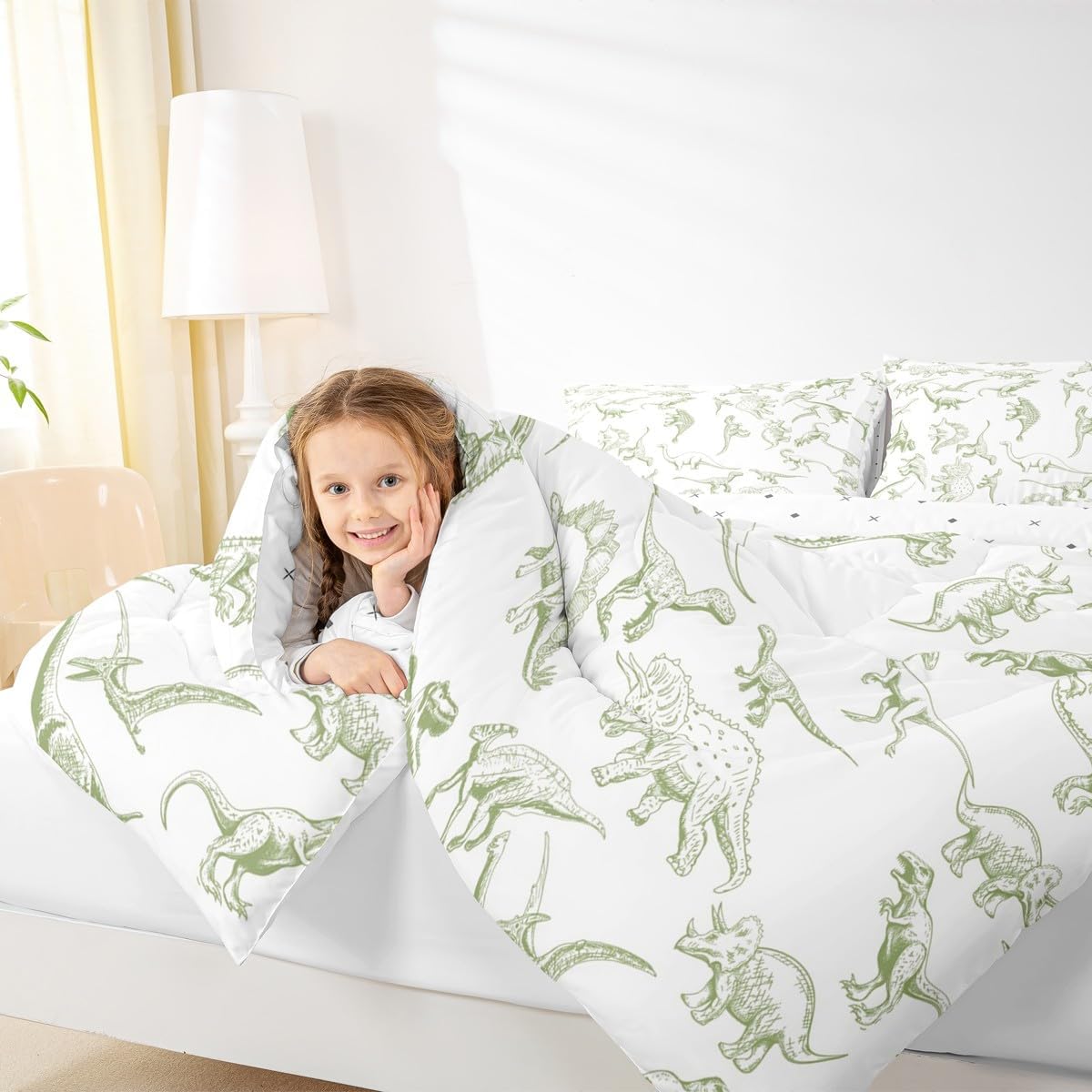 Feelyou Dinosaur Comforter Set 3D Digital Print Bedding Set with 1 Pillow Cases Jungle Dino Microfiber Kids Twin Bedclothes Wild Animal Bedroom Decor White Duvet Quilt