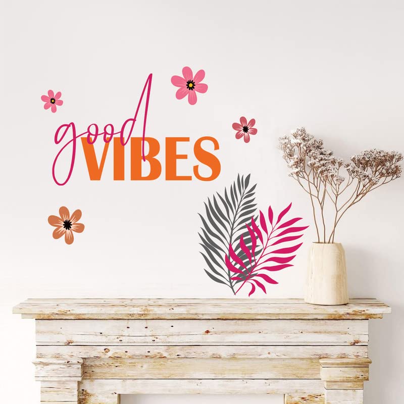 Image of Kotart - Pink and Orange Flowers and Leaf Printed Wall Stickers for Living Room Bedroom Kids Room - Good Vibes Vinyl Wall Decals for Studio and Home Decor