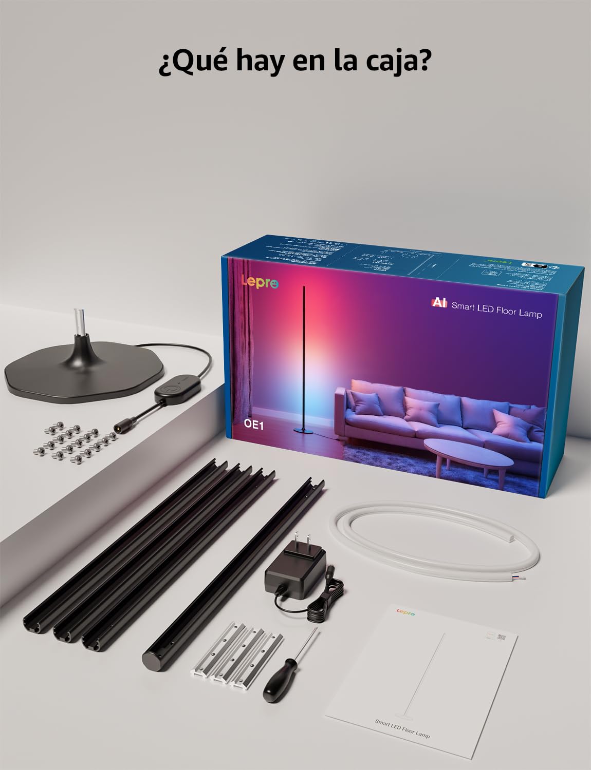 Lepro OE1 AI Lámpara de Pie Inteligente, Control de Voz, Sincronización Música, Fonciona con Alexa y Google Home, Diseñador de Iluminación AI Personalizado, Luz Pie Ambiental para Dormitorio, Sala