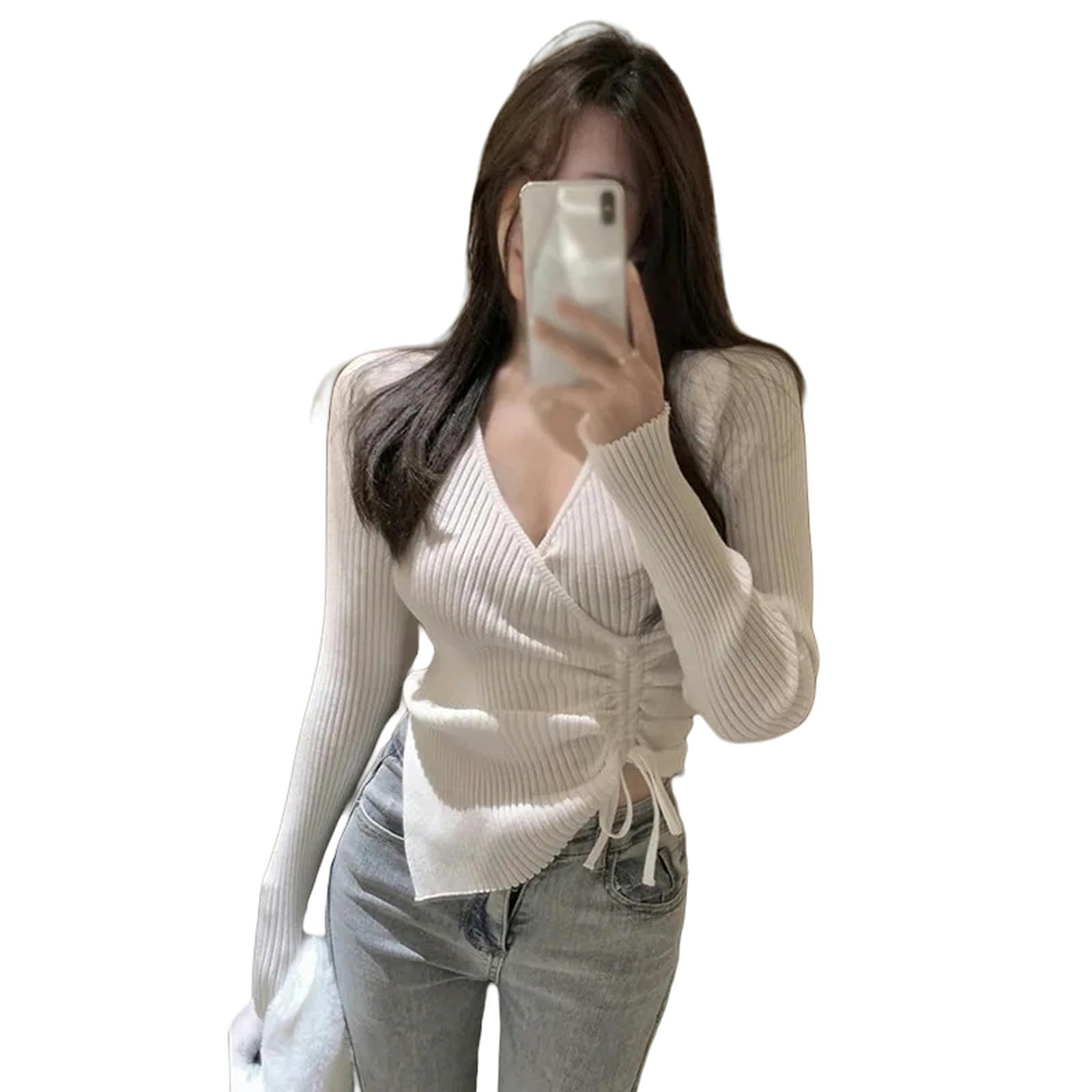 Ropa Mujer Damas con Cuello En V-Blanco-Talla Única