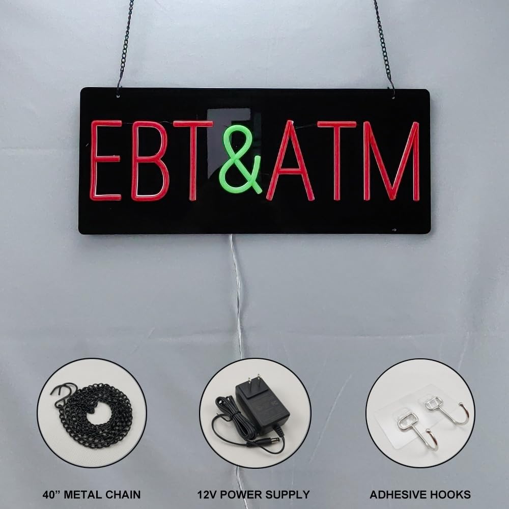Neonowy znak EBT i ATM dla firm, neonowy znak LED do EBT i ATM zasilacz 12 V, neonowy znak świetlny do sklepu EBT i bankomatu, dekoracja okna sklepu, 48 cm x 20 cm
