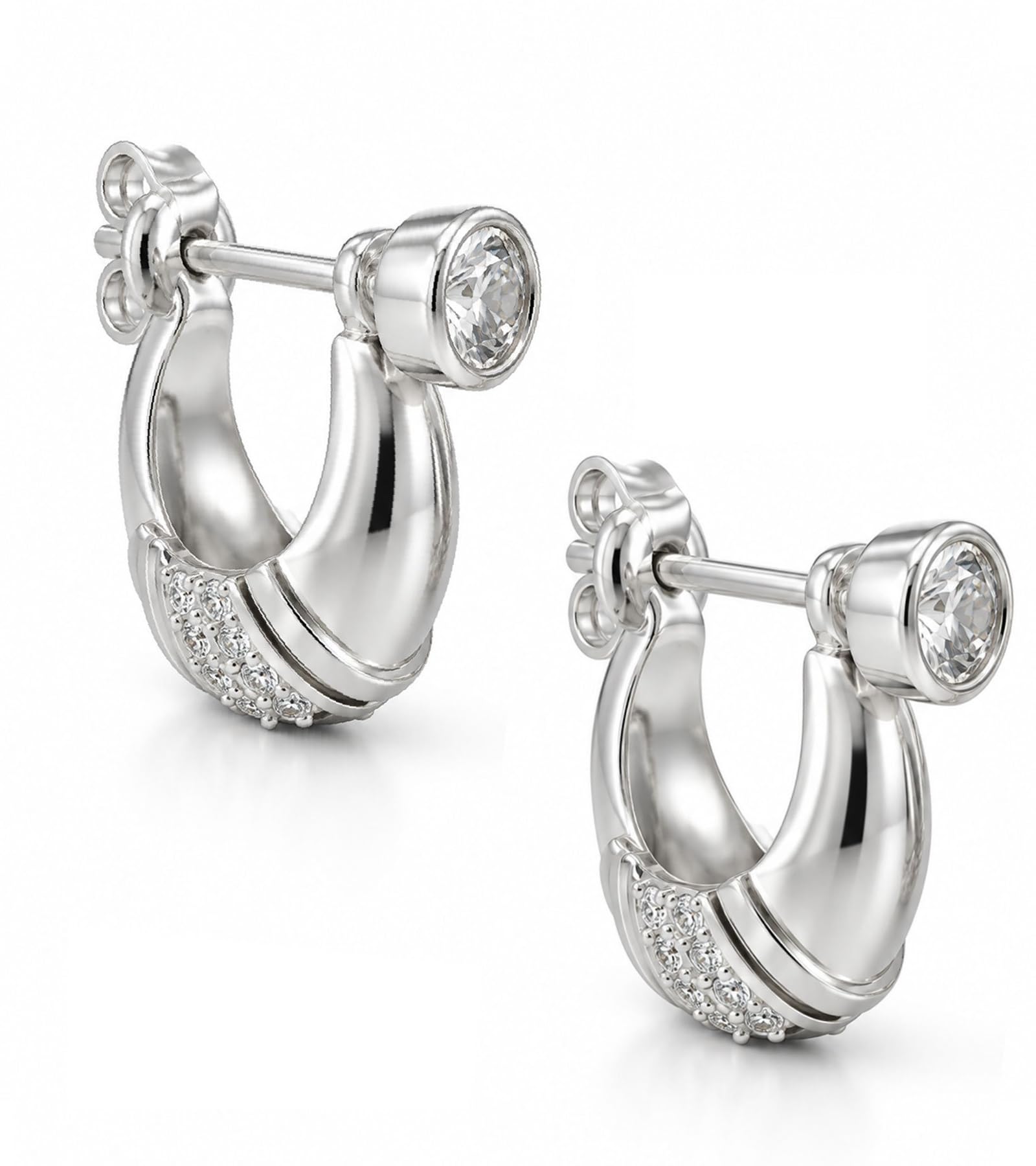 vama FASHIONS 18K Silver Plated Anti Tarnish White Crystal Stone Studded Thick Kaju Bali Push Back Huggie Hoop Piercing Earrings for Men & Boys-picture-22