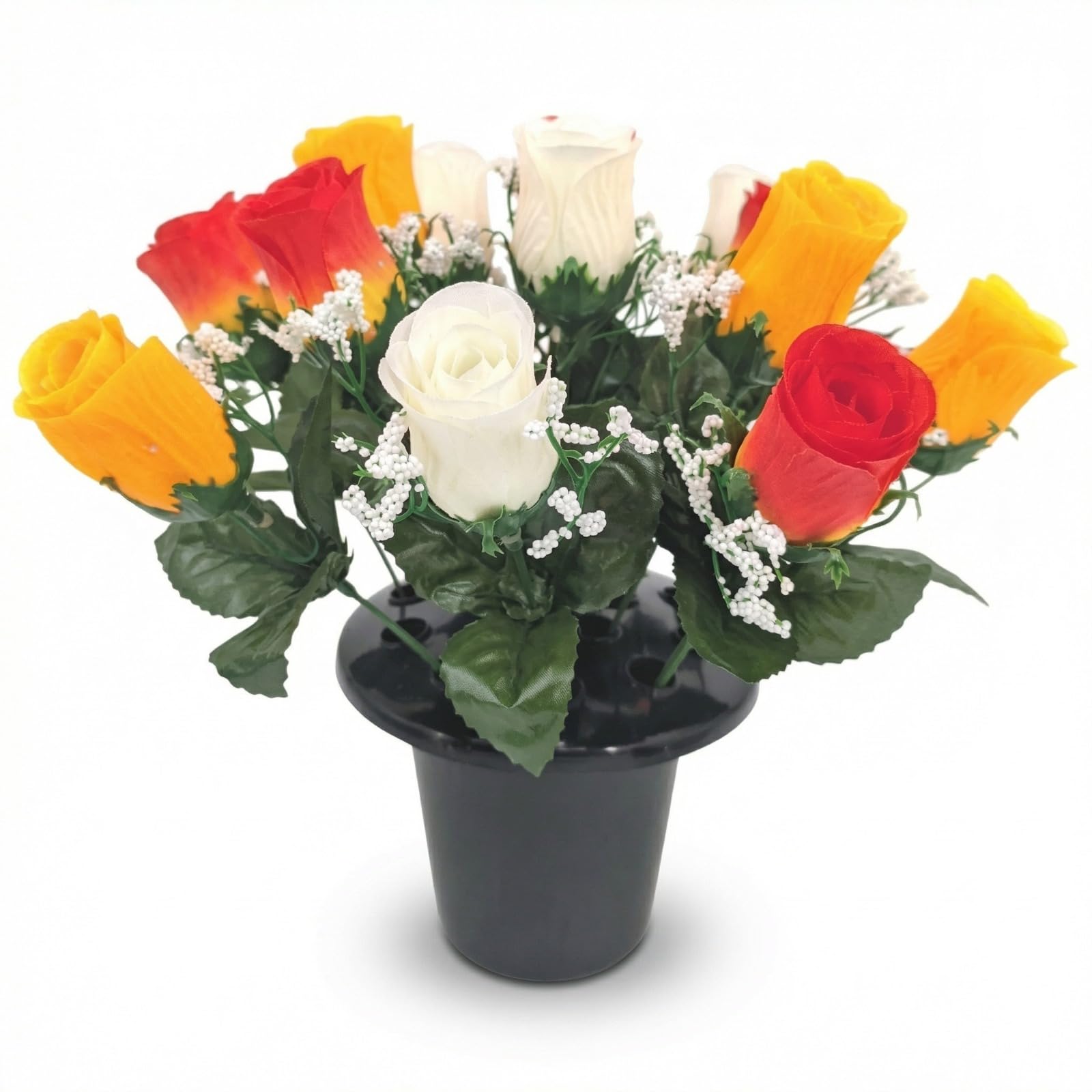 Homesecret Pack 1 Artificial Flowers for Graves in Pots | 12 Head Ivory/Orange/Red Grave Flower Pots | Perfect for Enhancing Memorial & Cemetery Decor | Elegant Design for a Lasting Funeral Tribute.