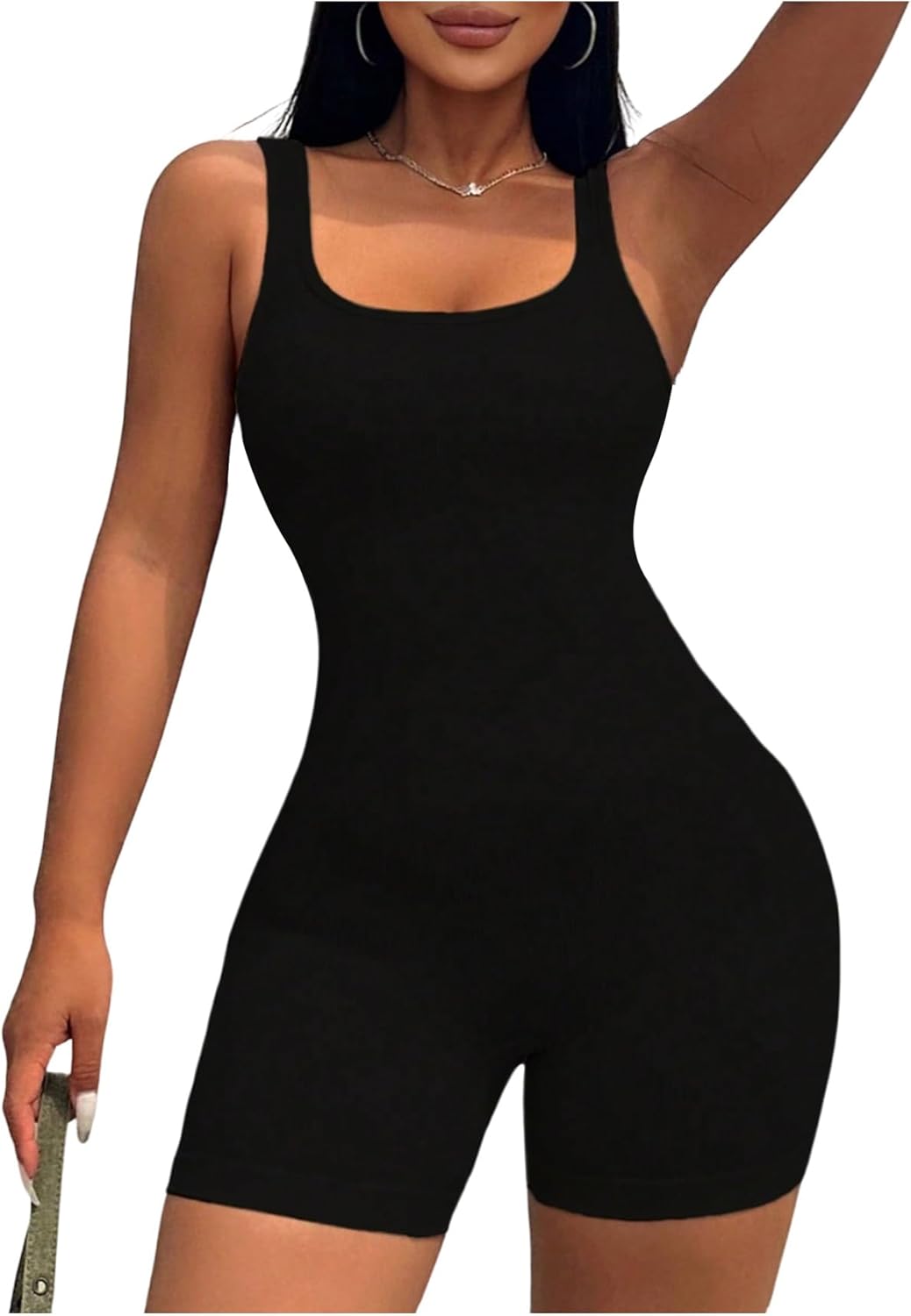 WDIRARA Women's Workout Romper Gym Yoga Unitard Square Neck One Piece Shorts Jumpsuit