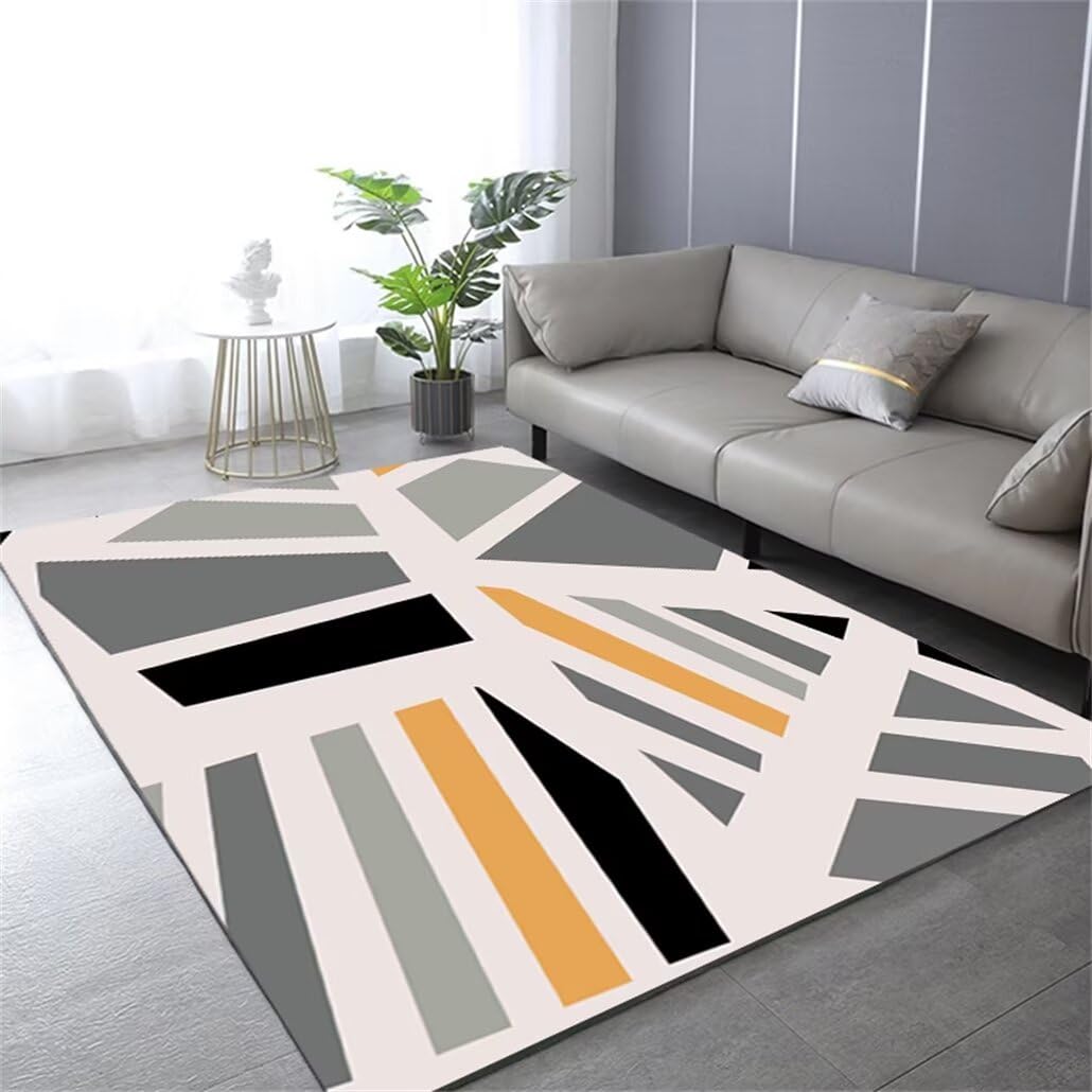 Tapis de salon gris 60x110 cm lavable et à poils courts avec motif géométrique moderne