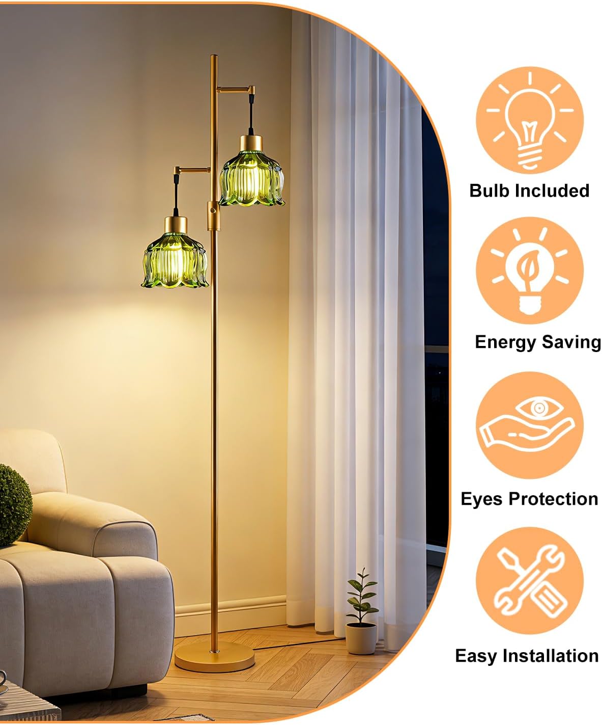 Lightdot 2- Light Gold Flower Floor Lamp, 65IN Green Glass Floor Lamps with 3000K Warm White Bulbs, Modern Standing Tall Lamp for Living Room Bedroom Home Office Corner Sofa Beside