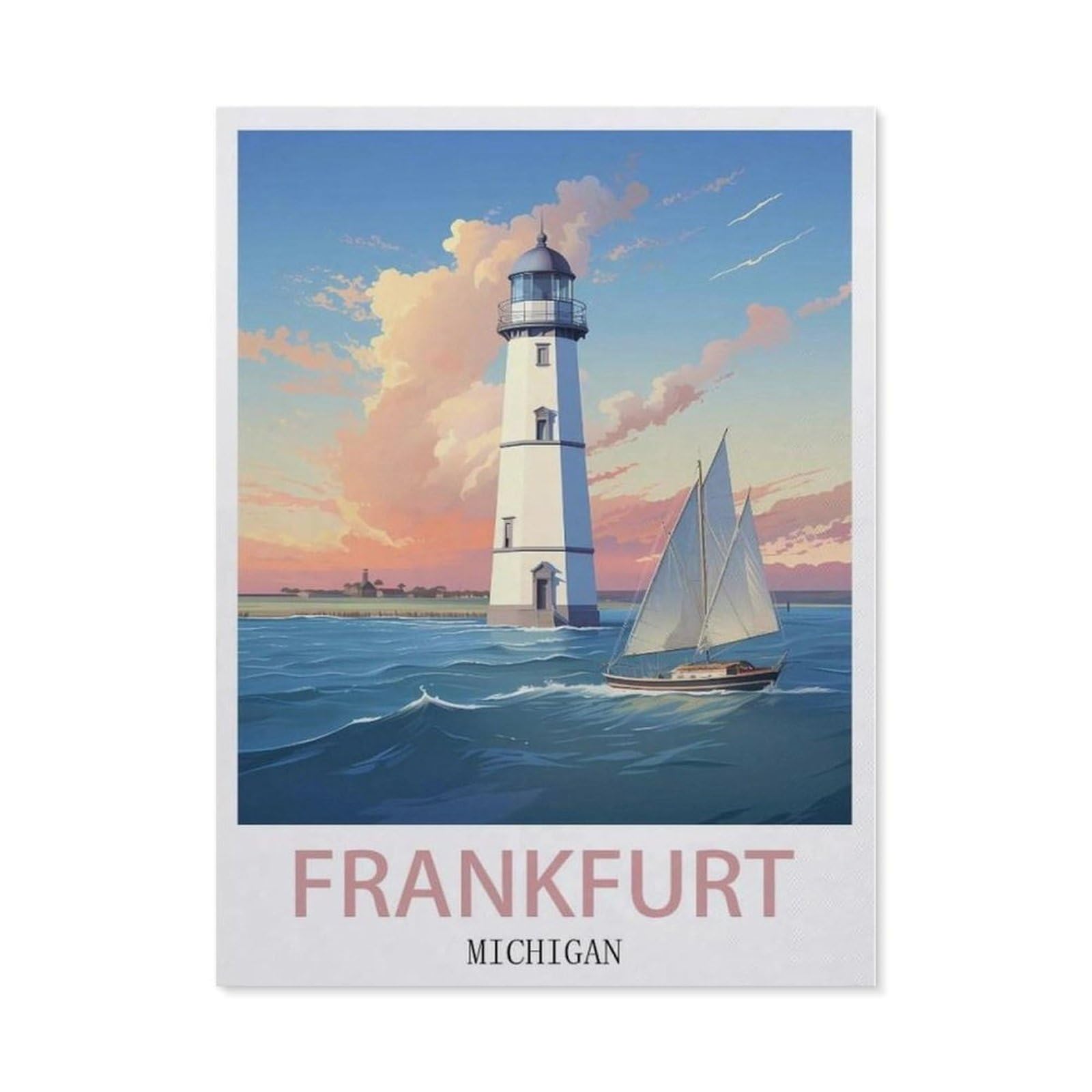 Beayodkp （40 X 50 Cm/15.74 X 19.68 Inches） Frankfort Michigan Vintage Travel Posters，5D Diy Diamond Painting Full Round Drill Diamond Embroidery Cross Stitch Rhinestone Mosaic Paintings Art-Ch30
