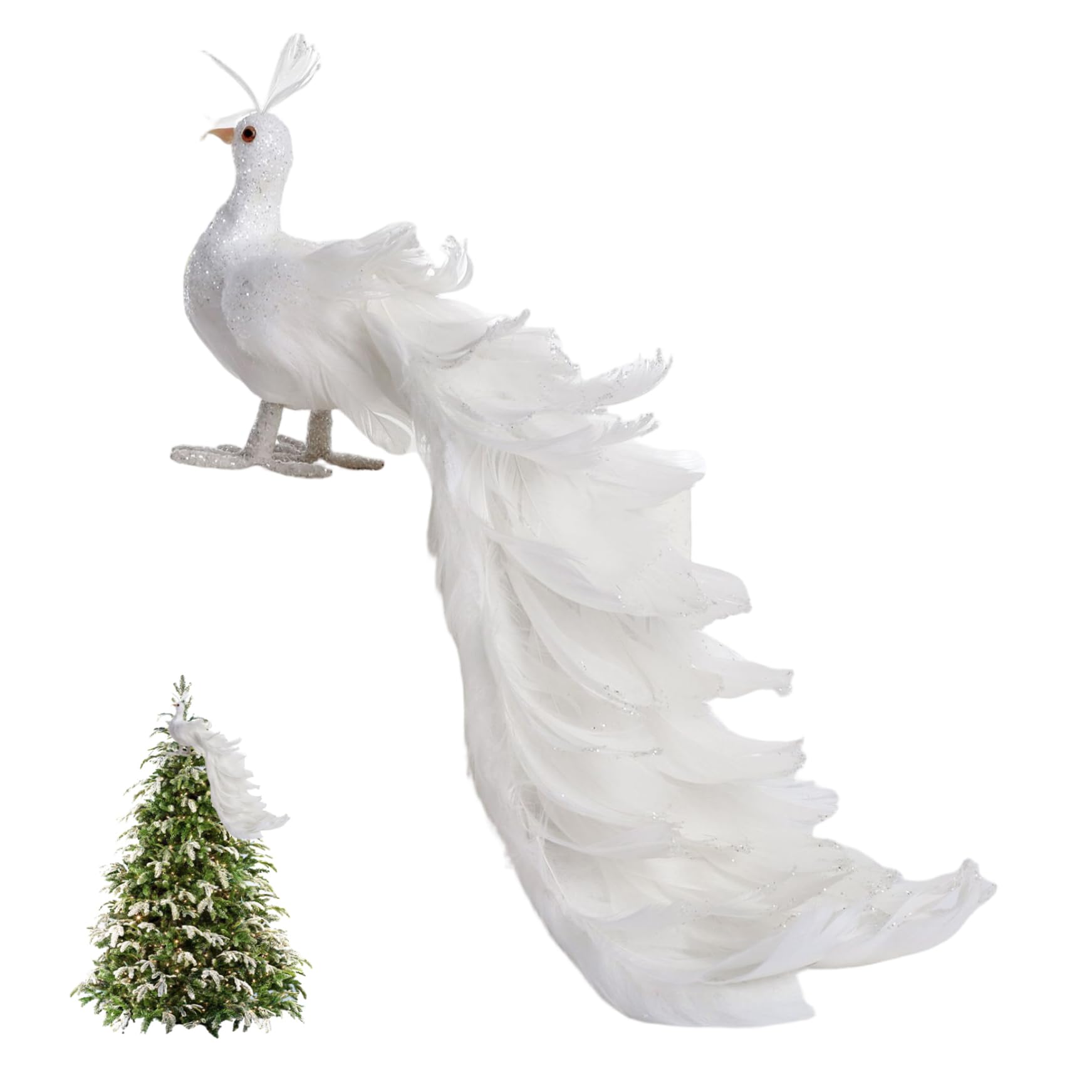 Gcroet Peacock Decor, 15 Inch White Peacock Christmas Tree Topper with Natural Feathers and Long Tail for Christmas Tree Decorations..