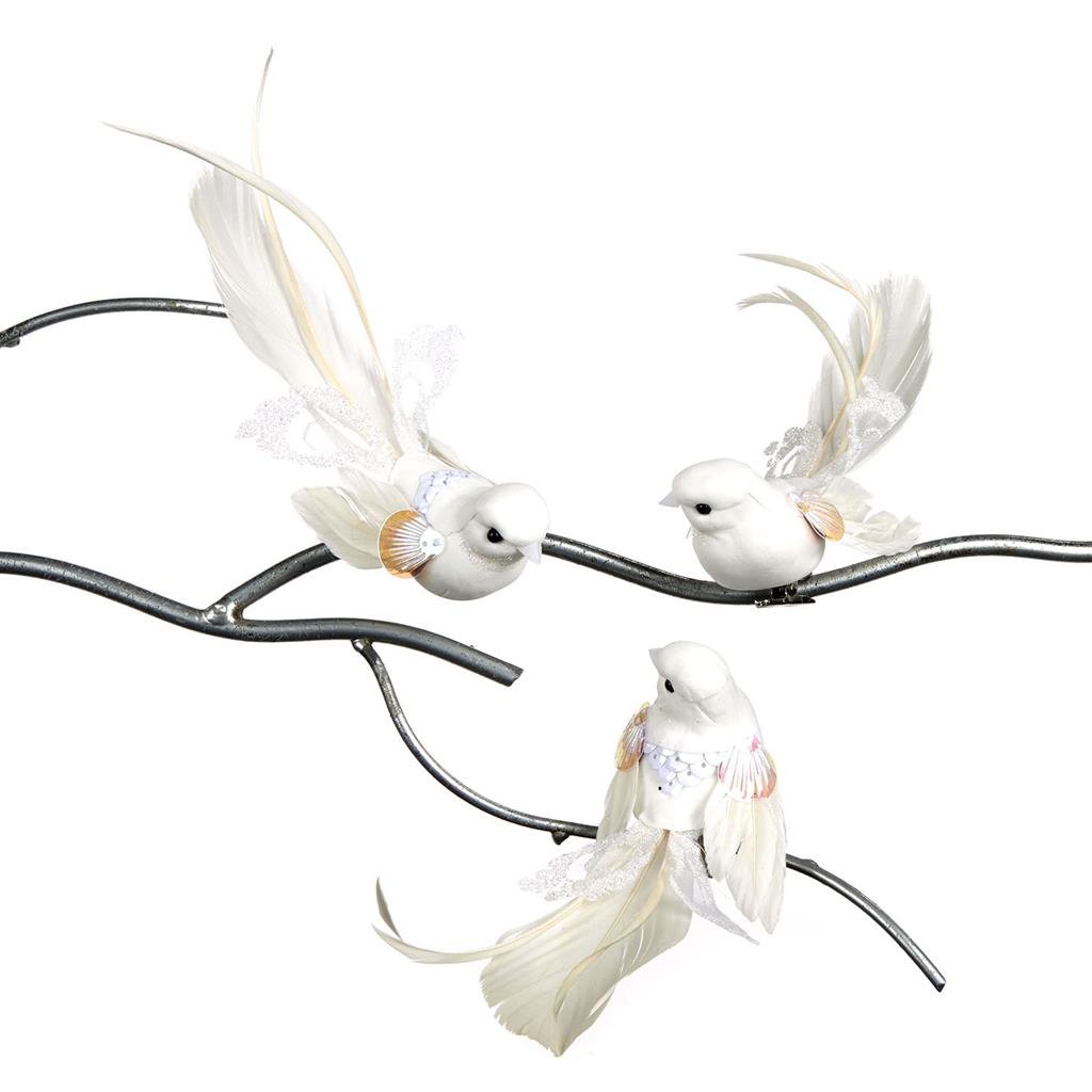 Goodwill White Goodwill: Peace Doves With Sequins Feather Bird On A Clip 15Cm - Set Of 3