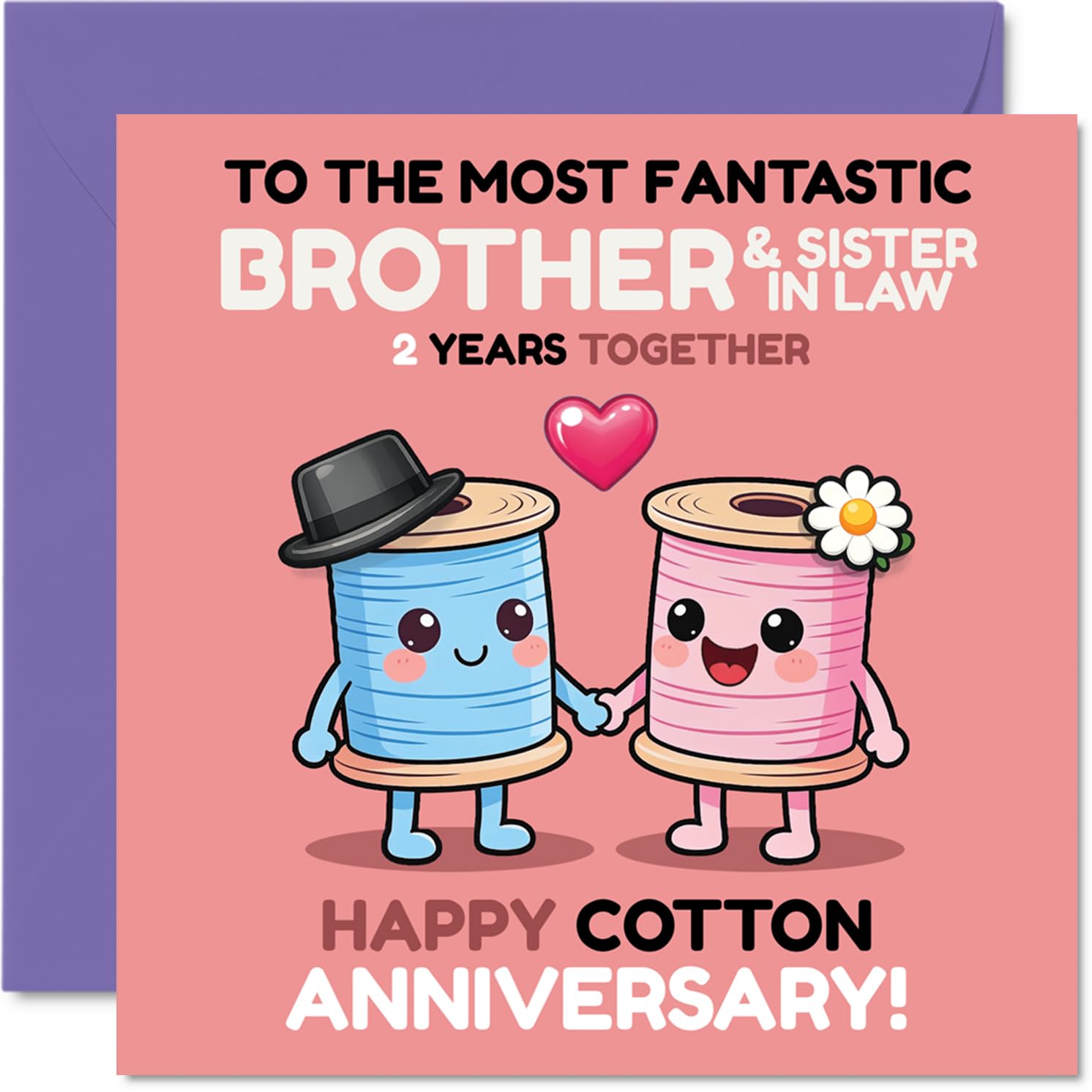 Cute 2nd Anniversary Card for Brother & Sister in Law - Full of Charm - Adorable Spools of Thread in Love - 145mm Square, Envelope Included