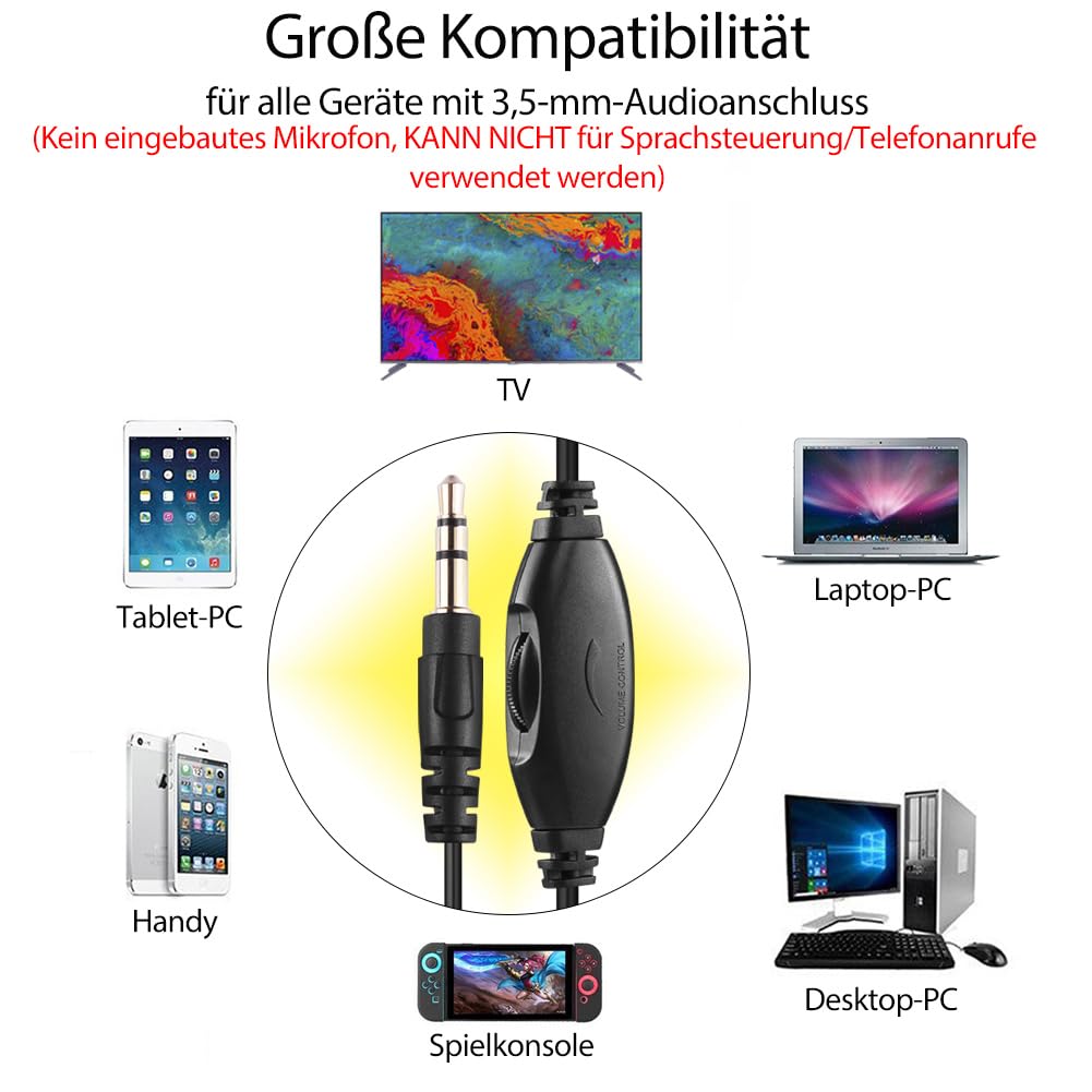 TV Kopfhörer mit extra langem Kabel, 5,5 m Spiralkabel, Lautstärkeregler | Over-Ear Stereo-Kopfhörer mit 5,5 m Spiralkabel und 3,5-mm-Anschluss für TV und PC