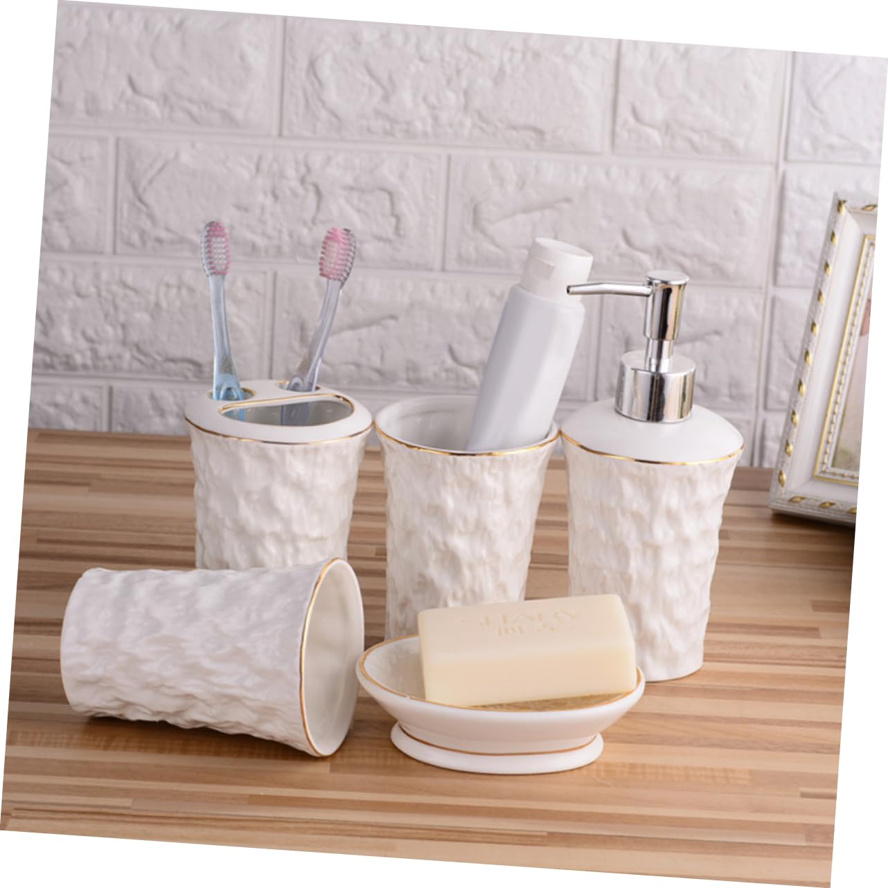 Cabilock Jabonera y Portacepillos De Cerámica Árbol De Pizarra Textura Dispensador De Jabón para Baño Vaso para Cepillo De Dientes Estilo Rústico Accesorios De Baño para Cocina