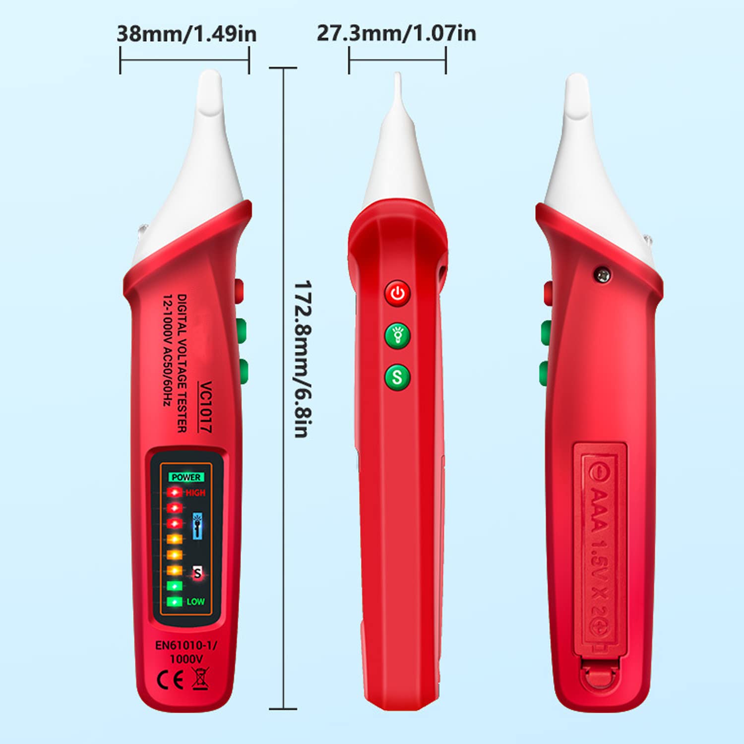 Detector de Voltaje sin Contacto con Linterna LED Sensibilidad ajustable, Distinción de Cable Vivo/Nulo, AC 12V-1000V, Localizar Punto de Rotura, Alarma