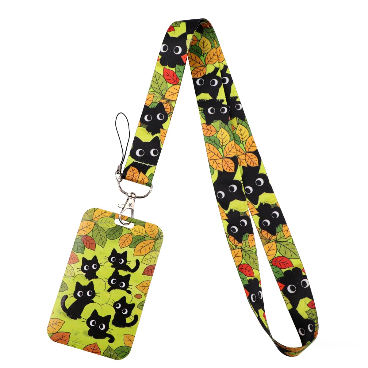 Cute Black Cats ID Card Holder Lanyard for Keys Autumn Leaves ID Holder Keychain Lanyard for Women Men Kids Teachers Staff for Work & School ID Plastic Hard Card Holder, Office — image 1
