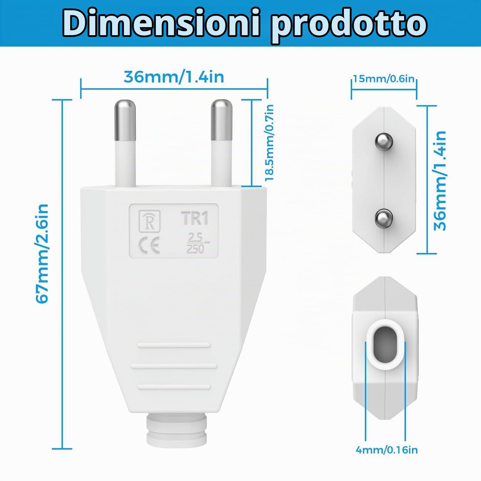 4 Pezzi Spina Europea, Spina Europea Piatta(250 V, 2,5 A), Spina Schuko Piatta, Spina di Alimentazione , Spina Universale a due poli Secondo lo Standard Europeo per Cavo di Alimentazione (Bianco)