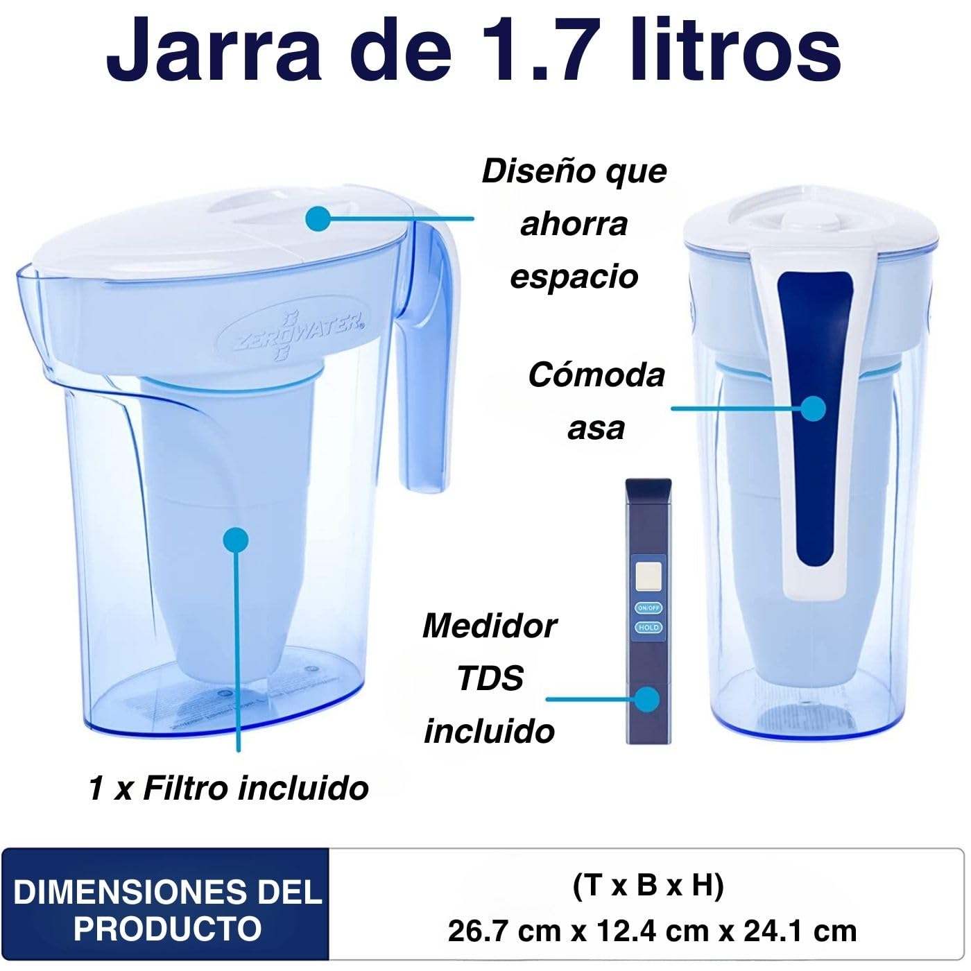 ZeroWater Jarra filtradora de agua de 1,7 litros, Medidor de Calidad de Agua Gratis, Libre de BPA y certificada para Reducir el Plomo y Otros Metales Pesados, Cartucho Filtro Incluido