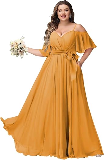 Plus Size V Neck Bridesmaid Dress with Pockets Flutter Sleeve Pleated Formal Evening Dresses ZU125