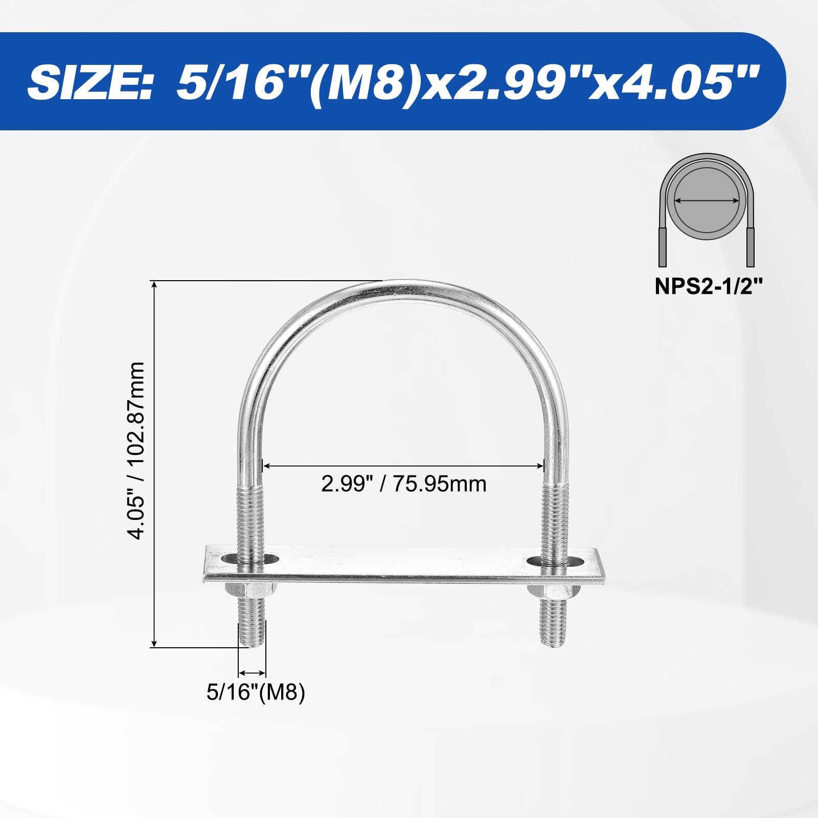 METALLIXITY U Bolts 2 Sets (5/16"(M8) x2.99"x4.05"), Round U Bolt Kits 304 Stainless Steel with Accessories - Image 2