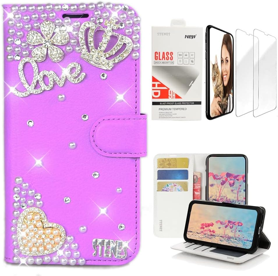 STENES Bling Wallet Phone Case Compatible with LG Stylo 6 - Stylish - 3D Handmade Clover Crown Flowers Design Leather Cover with Screen Protector [2 Pack] - Purple