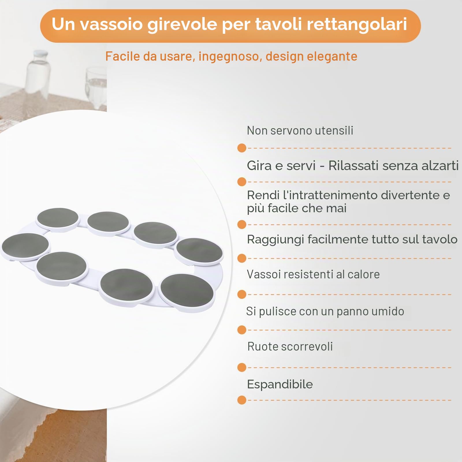 Vassoio girevole per tavolo da pranzo, piatto da portata girevole a 360°, per 8 vassoi Lazy Susan, piatto girevole per tavoli lunghi, tavolo buffet, girevole multifunzione per pasti in famiglia e