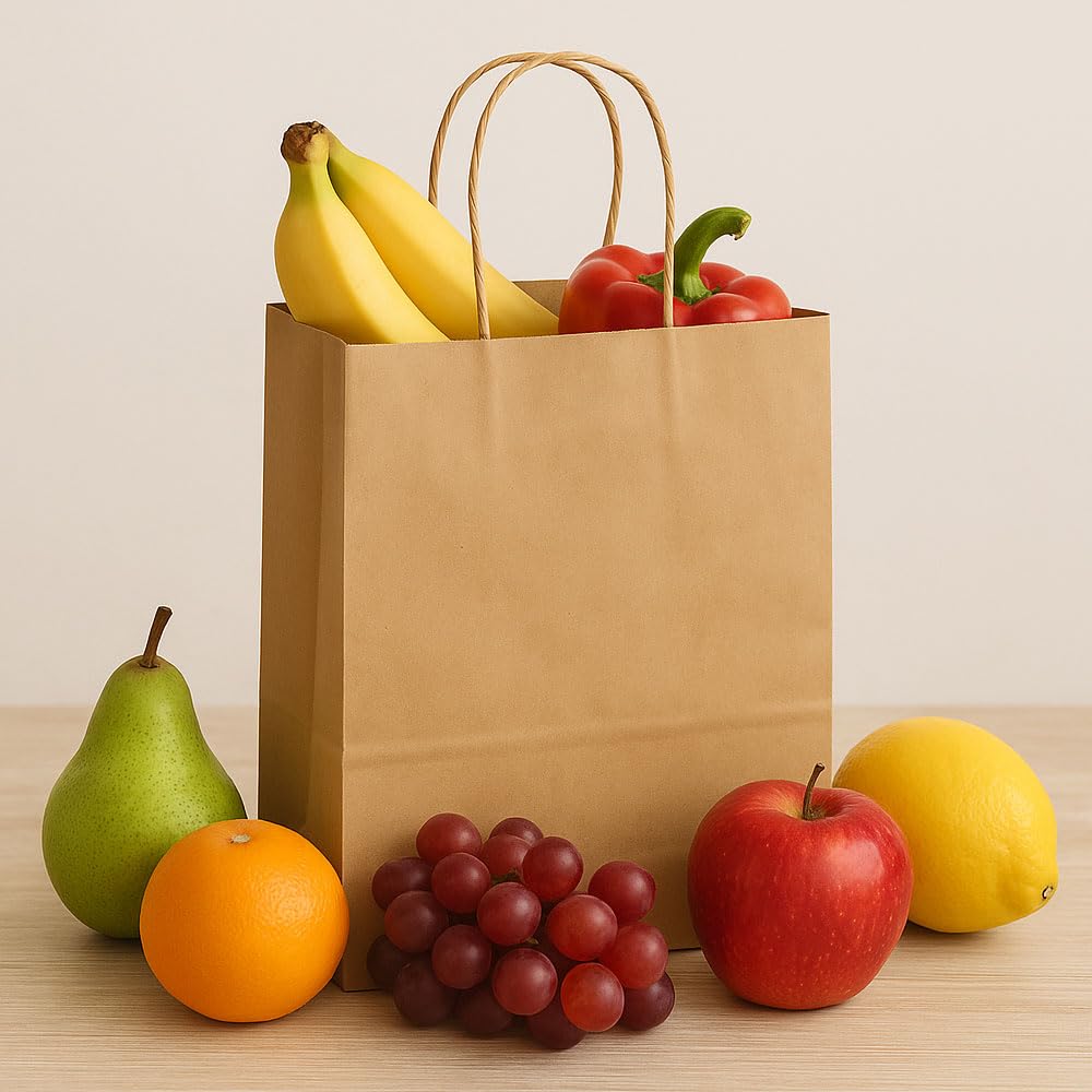 Pack de 50 Bolsas Personalizadas de papel kraft con asas, grandes, medianas y pequeñas. Bolsas para comercios de papel biodegradable, reutilizables ideales para tiendas. (MARRÓN, 32x40 CM GRANDE)