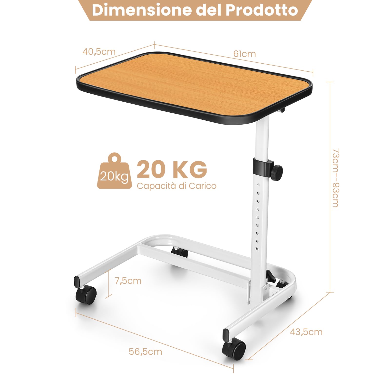 COSTWAY Tavolino da Letto e Divano con Ruote Bloccabili, Tavolino Porta PC con Altezza Regolabile in 9 Posizioni e Piano Inclinabile, Tavolino Servitore Letto per Mangiare e Lavorare (Legno)