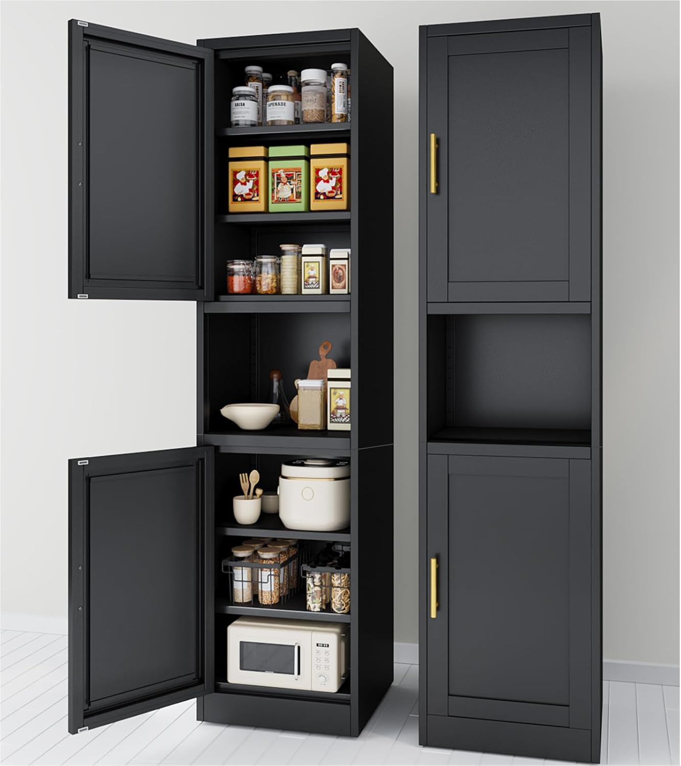 67" H Metal Tall Narrow Storage Cabinet, Freestanding Floor Cabinet with 2 Doors and Adjustable Shelves, Pantry Storage Cabinet for Bathroom, Living Room, Entryway and Kitchen (Black)