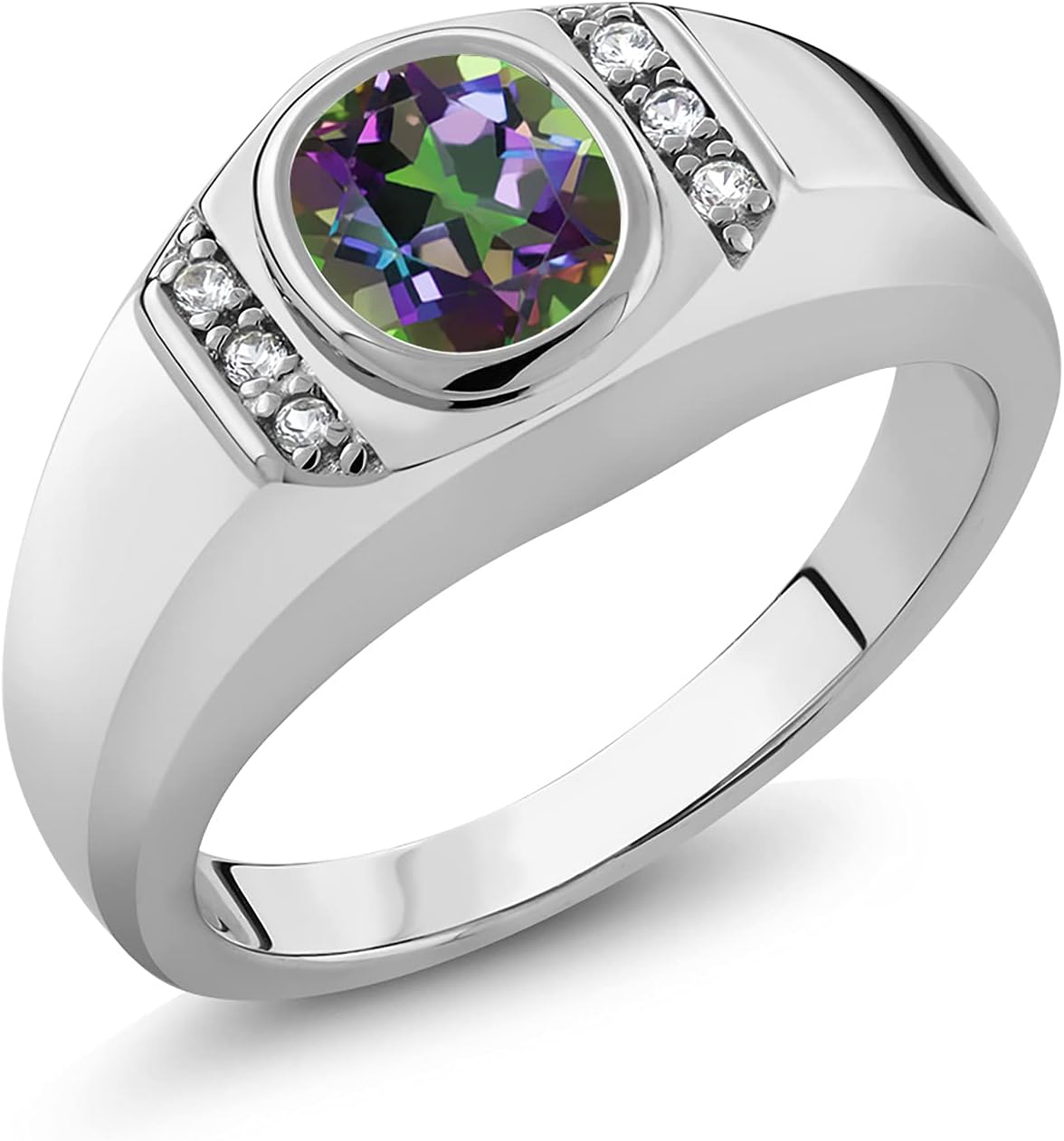 Gem Stone King Oval Ring For Men | Gemstone Birthstone and White Created Sapphire | 925 Sterling Silver | Oval 8X6MM and Round 1.25MM Accents | Sizes 7-13