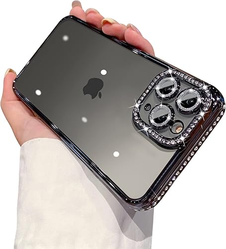 Fycyko Funda compatible con iPhone 11 Pro Max con protector de lente de cámara de diamante con purpurina, bonita funda de cristal transparente a