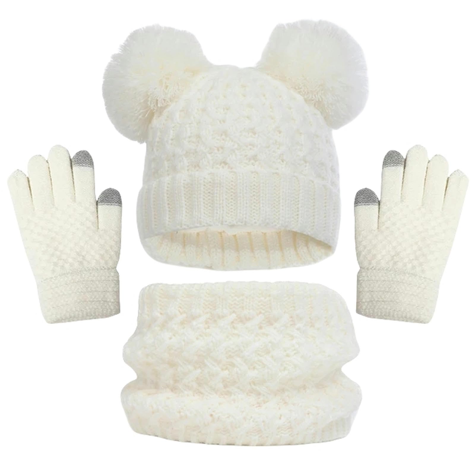 ZONTO wintermütze Kinder Winter Hut Handschuhe Schal Set Fleece Warme Schal Dicke Strickmütze Jungen Mädchen Beanie Hut-Weiß-1-6Y