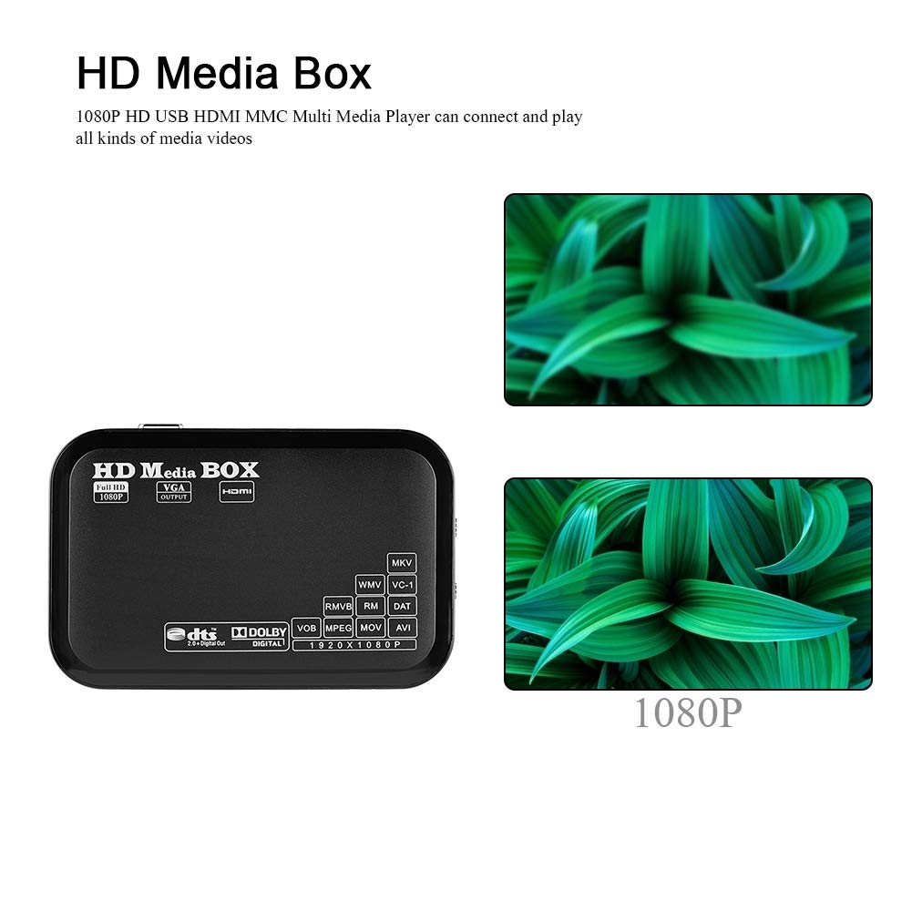 Mini Lettore Multimediale Full HD 1080P Full HD Lettore Multimediale Media Player Digitale Multimediale TV con Telecomando per USB Drive/External Hard Drive 2.5TB / Scheda SD(Black)