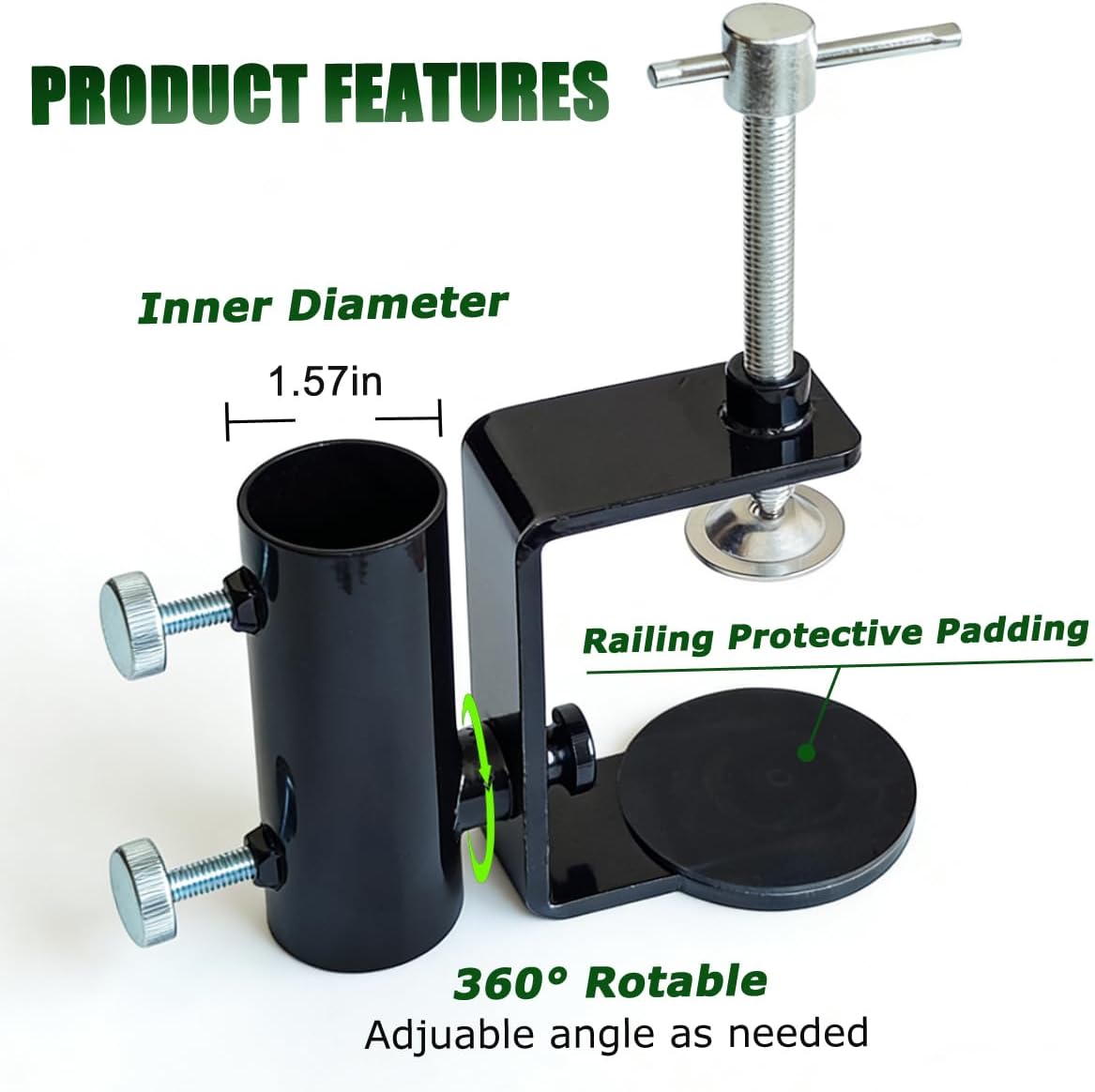 Heavy Duty Steel Umbrella Clamp - 360° Rotatable Balcony Umbrella Railing Umbrella Holder, Attaches to The Deck Railing, Chair, Benches, Tailgates, Boats and More, Black