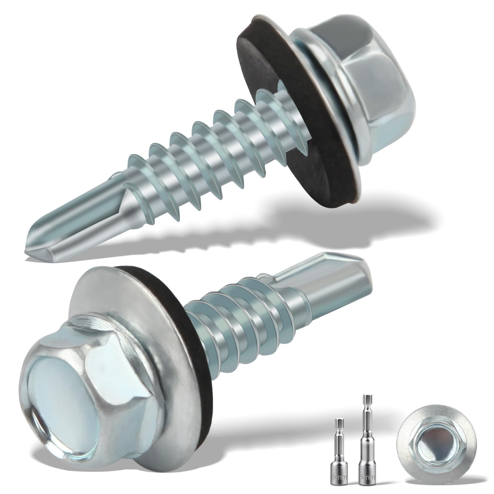 sturiz Pack of 200 Self-Tapping Screws 4.8 x 19 mm Trapezoidal Sheet Metal Screws Spengler Screws with Sealing Disc + 2 Pieces Hex Bit Socket Wrench Set M8 Galvanised Drilling Screws (Silver)