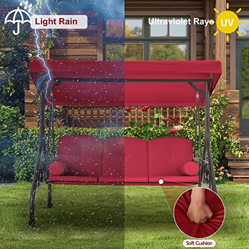 Gyutei 3-Seat Outdoor Patio Swing Chair,Porch Swing Chair With Adjustable Backrest And Canopy,Outdoor Porch Swing Glider Chair,W/Cushions,Pillows And Cup Holders For Porch, Backyard(Wine Red) #TOP3