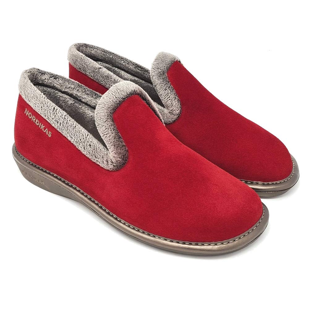 Nordikas304 Women's Comfy Slippers, Genuine Suede Fuzzy Wool-Like Plush Fleece Lining, Relaxed Fit Slip-On House Shoes, Indoor/Outdoor, Made in Spain Red