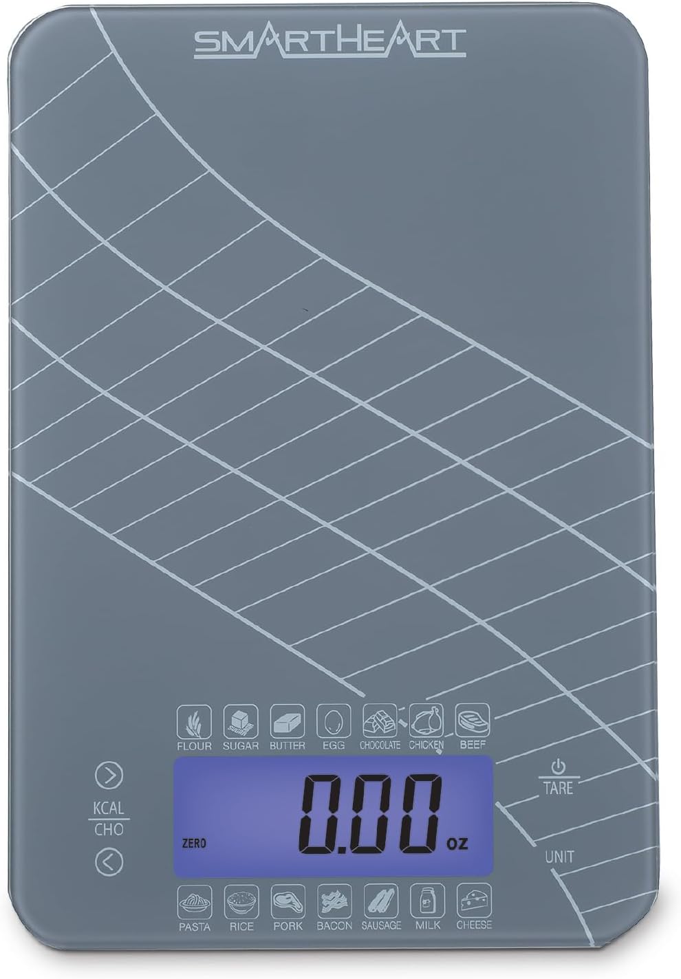 SmartHeart Digital Kitchen Food Scale with Calorie & Carb Calculator | Precision Sensors | Tempered Glass Platform | Unit Conversions: oz, lbs, g, ml | 14 Pre-Set Foods | Touch Controls & LCD Display