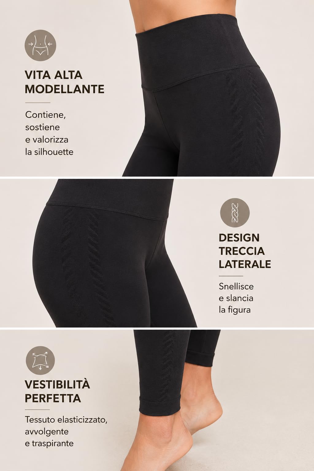 Topless Wear, Leggings Anticellulite Drenanti Donna a Vita Alta, Effetto Push Up Modellante e Contenitivo, Microcircolazione con Fibra Emana®, per Fitness, Seamless e Made in Italy, Linea Feel