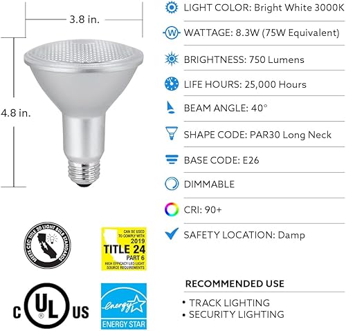 Miniatura 10 de Feit Electric Bombillas LED PAR30L, equivalente a 75 W, regulable, luz diurna de 5000 K, 750 lúmenes, vida útil de 22 años, base E26, luces de