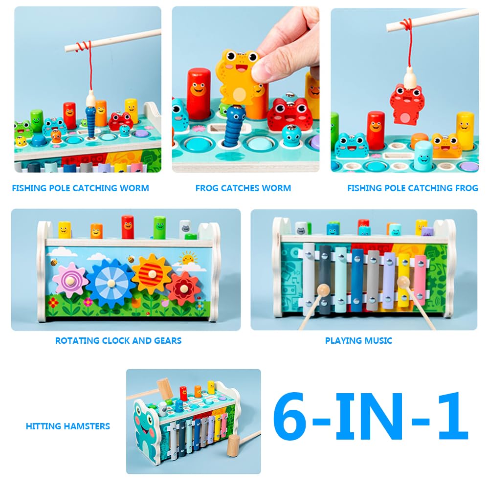 Astrowinter Wooden Montessori Toys for 1 Year Old, 6-in-1 Hammering Pounding with Xylophone & Fishing Game - Image 4