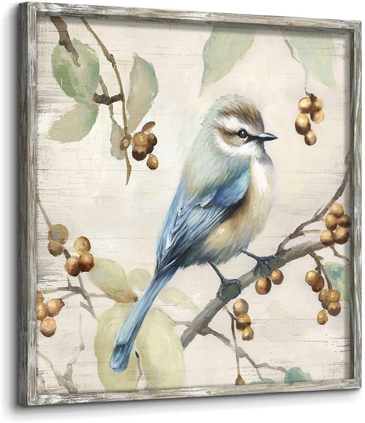 Wooden Framed Wall Art: Elegant Flower Tree and Bird Painting Blossom Floral Picture Prints Vintage Animal Bird Artwork for Bathroom
